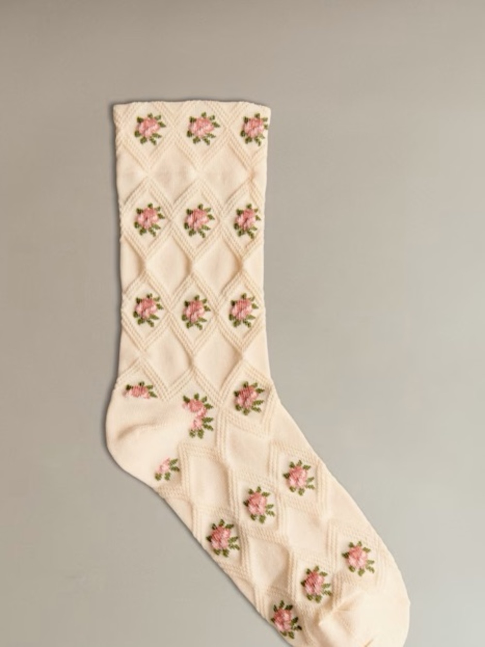 Sezane Julia Cream white Floral Diamond-Pattern Crew Socks